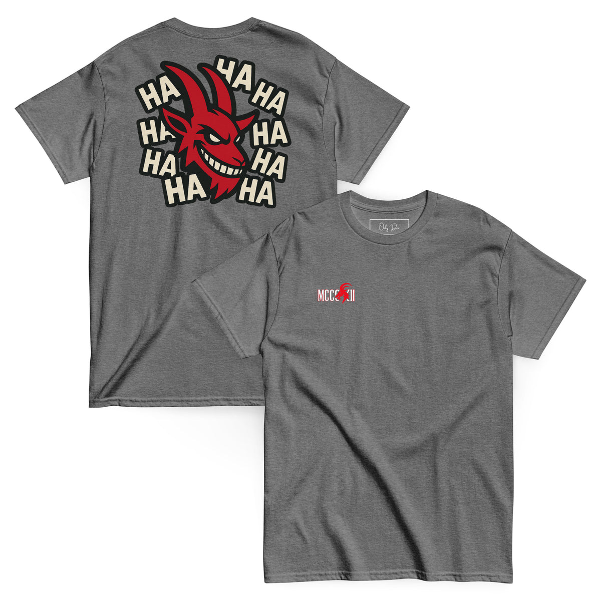 MCCCXII Laughing Goat T-Shirt in Graphit meliert – Vorder- und Rückansicht