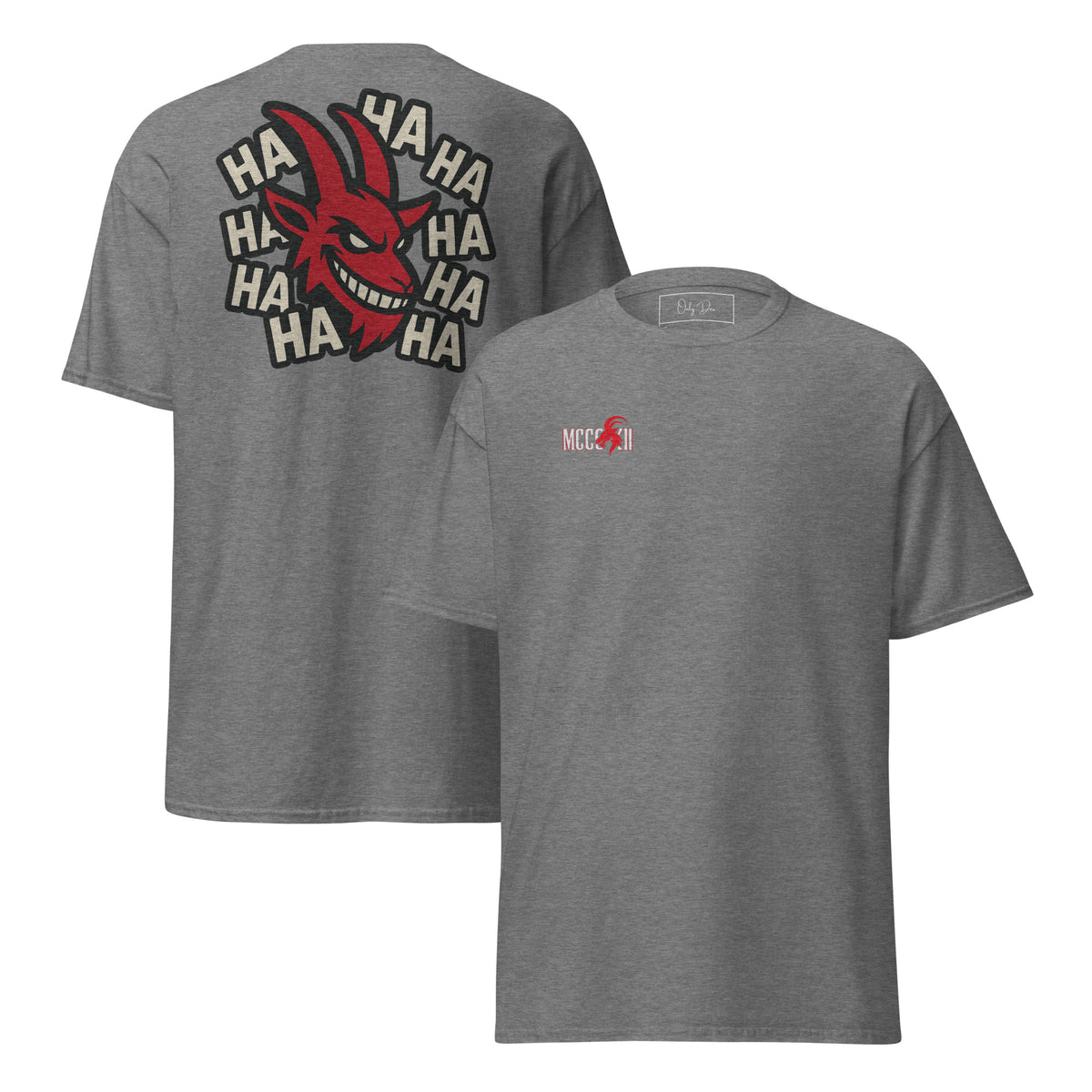 MCCCXII Laughing Goat T-Shirt in Graphit meliert – Vorder- und Rückansicht