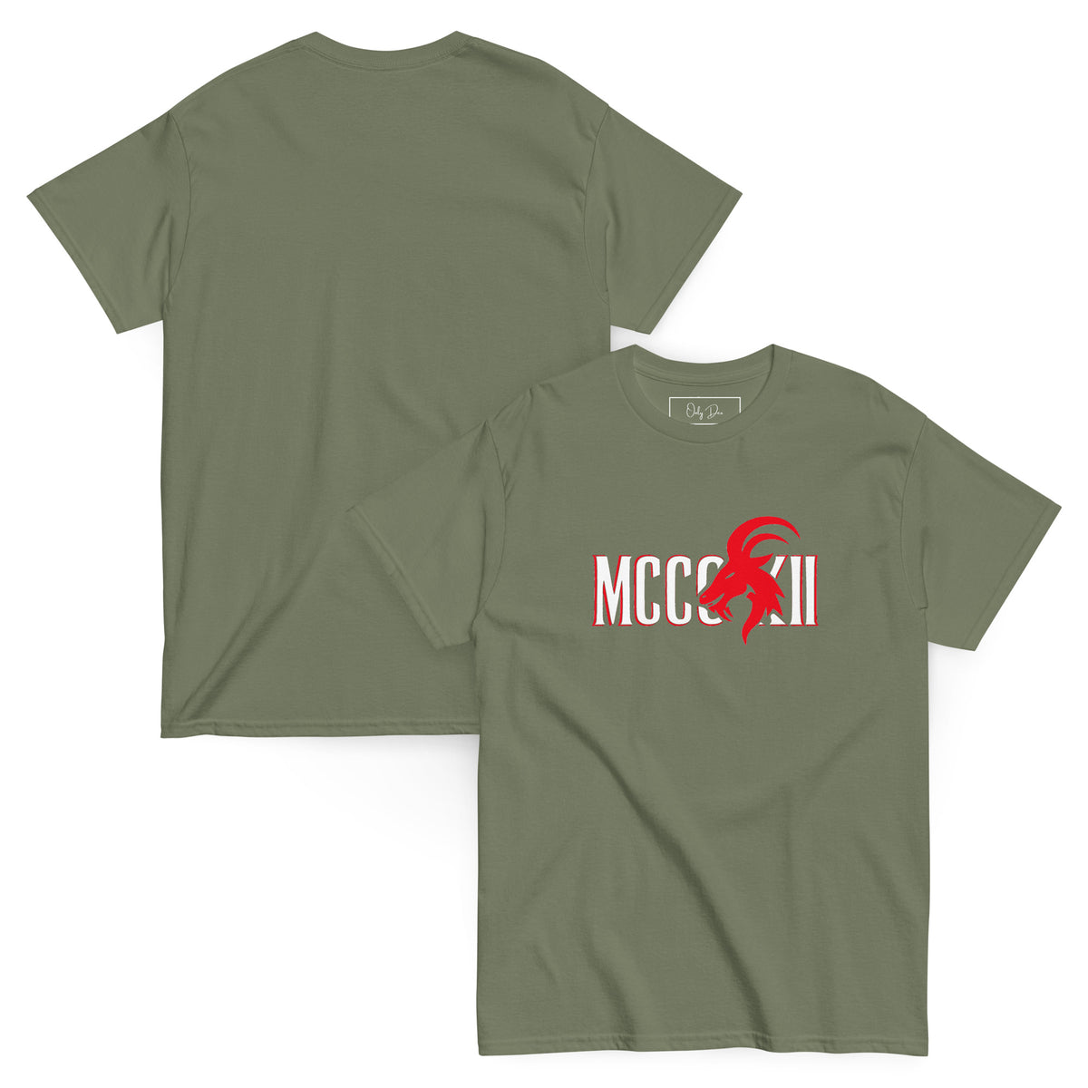 MCCCXII T-Shirt in Olivgrün – Vorder- und Rückansicht