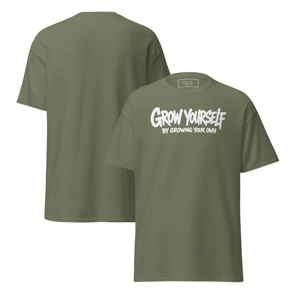 Grow Yourself T-Shirt in Olivgrün – Vorder- und Rückansicht