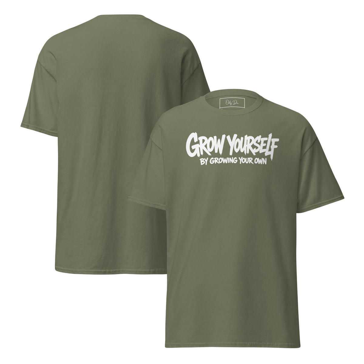 Grow Yourself T-Shirt in Olivgrün – Vorder- und Rückansicht