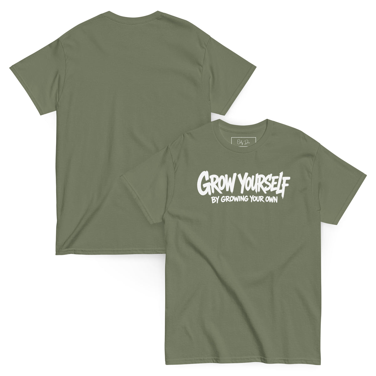 Grow Yourself T-Shirt in Olivgrün – Vorder- und Rückansicht