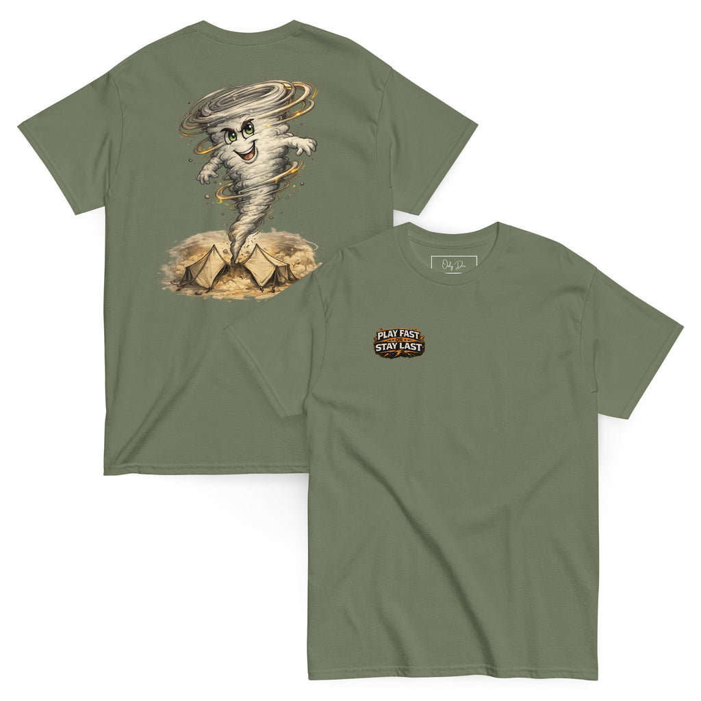 Play Fast or Stay Last Gaming T-Shirt in Olivgrün – Vorder- und Rückansicht
