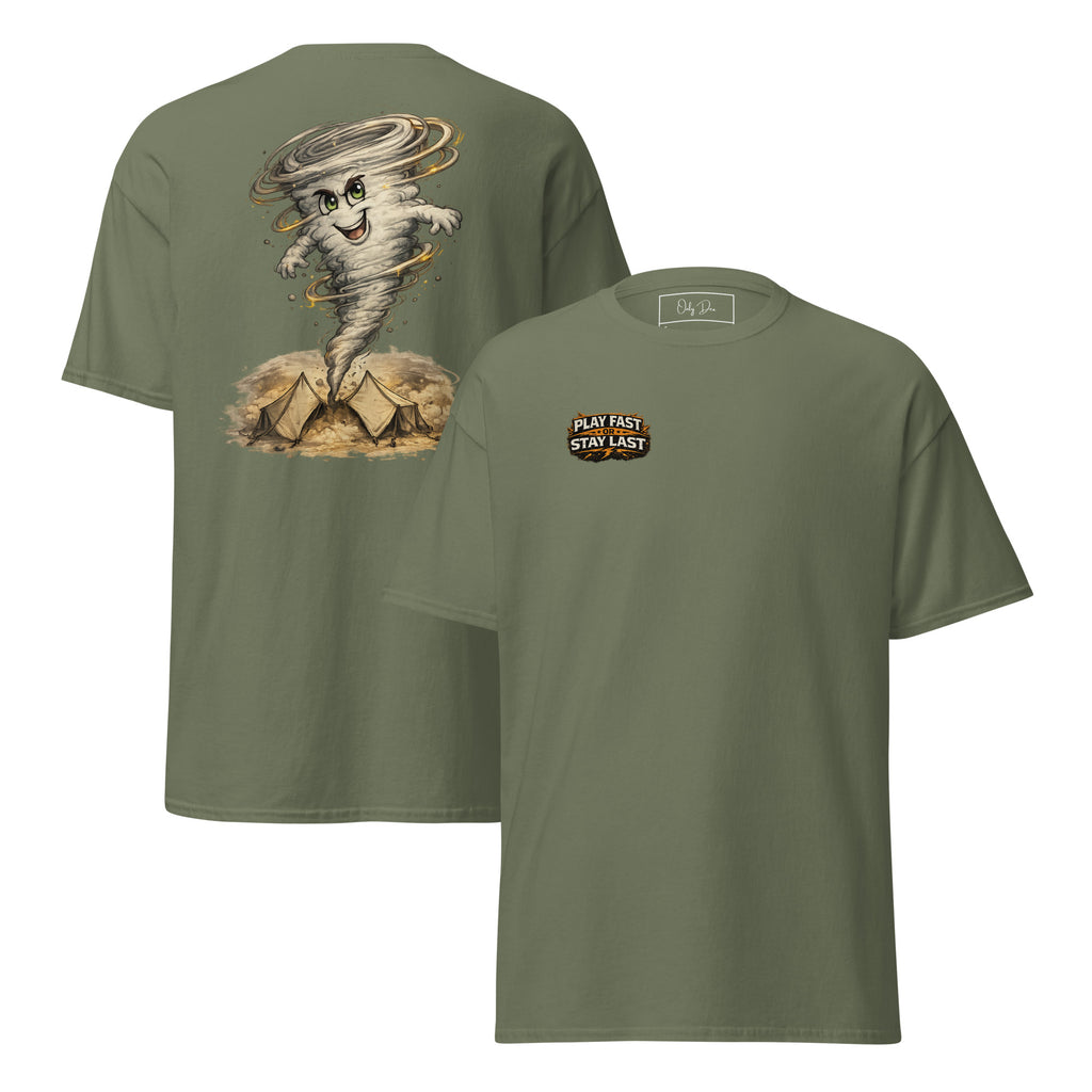 Play Fast or Stay Last Gaming T-Shirt in Olivgrün – Vorder- und Rückansicht