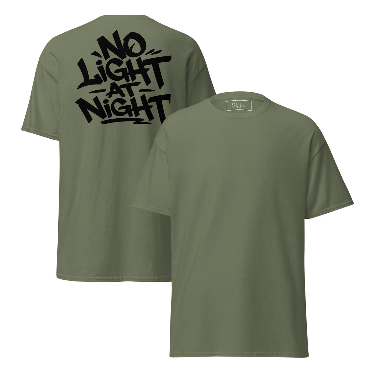 NO LIGHT AT NIGHT T-Shirt in Olivgrün – Vorder- und Rückansicht