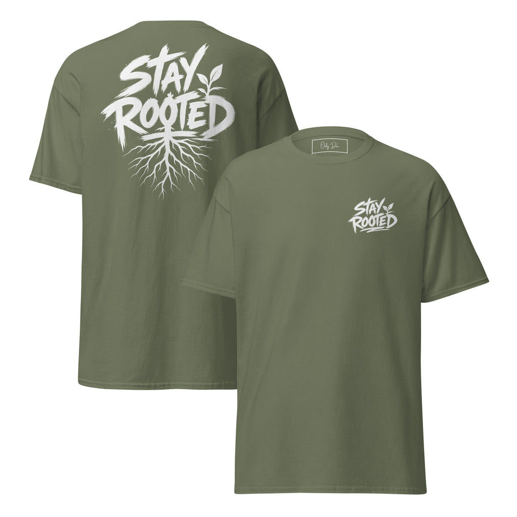 Stay Rooted T-Shirt in Olivgrün – Vorder- und Rückansicht