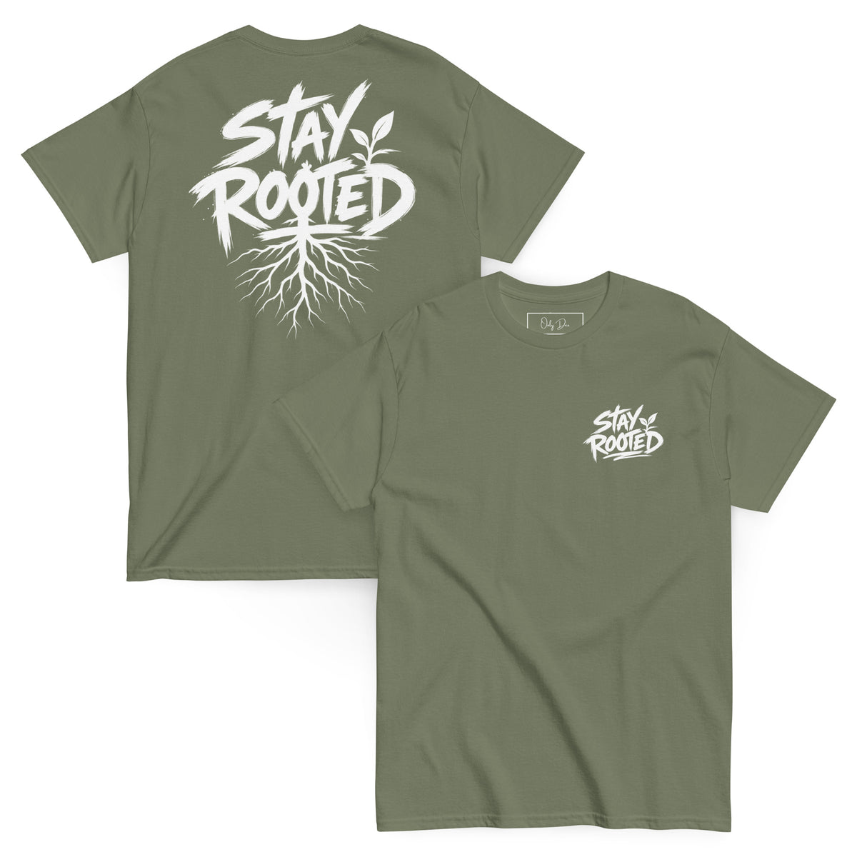 Stay Rooted T-Shirt in Olivgrün – Vorder- und Rückansicht