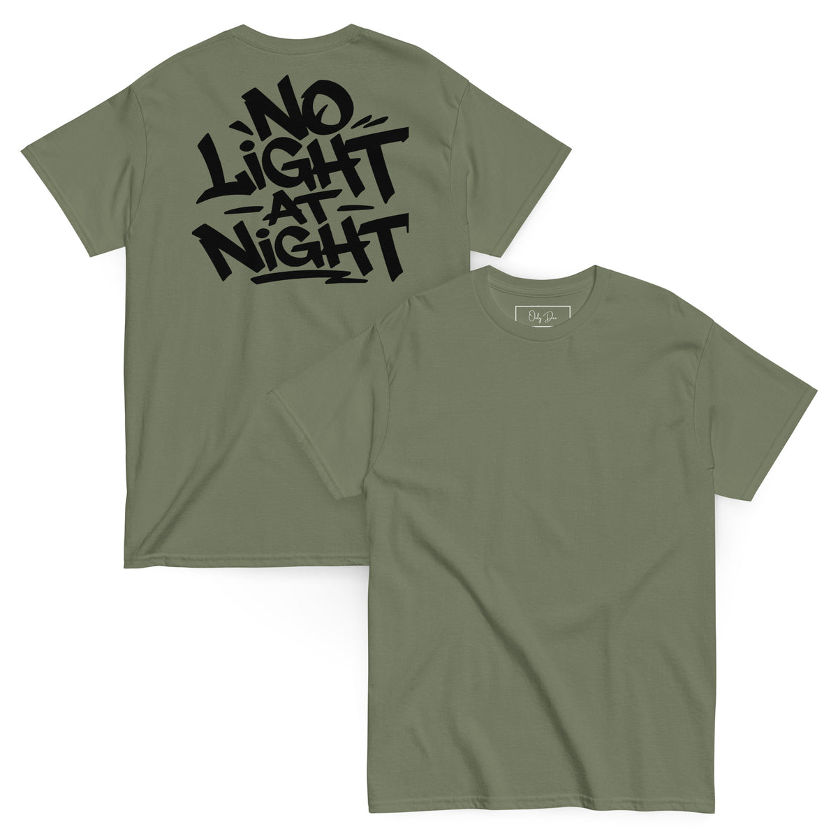 NO LIGHT AT NIGHT T-Shirt in Olivgrün – Vorder- und Rückansicht