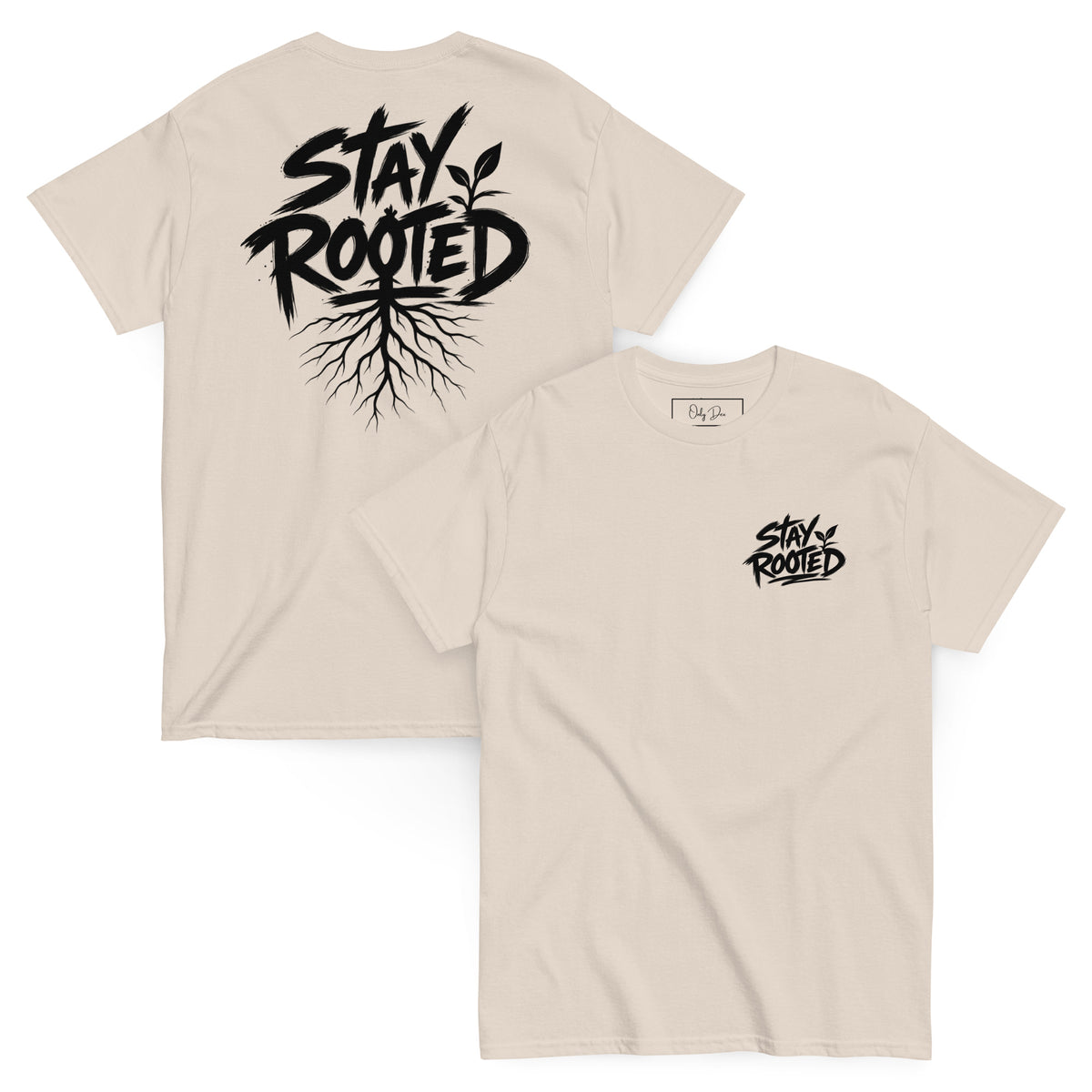 Stay Rooted T-Shirt in Natur – Vorder- und Rückansicht