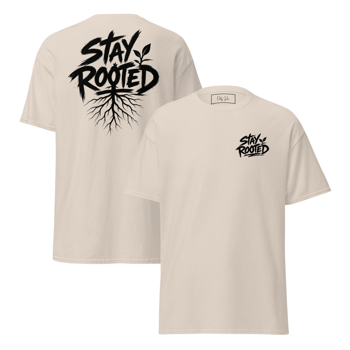 Stay Rooted T-Shirt in Natur – Vorder- und Rückansicht