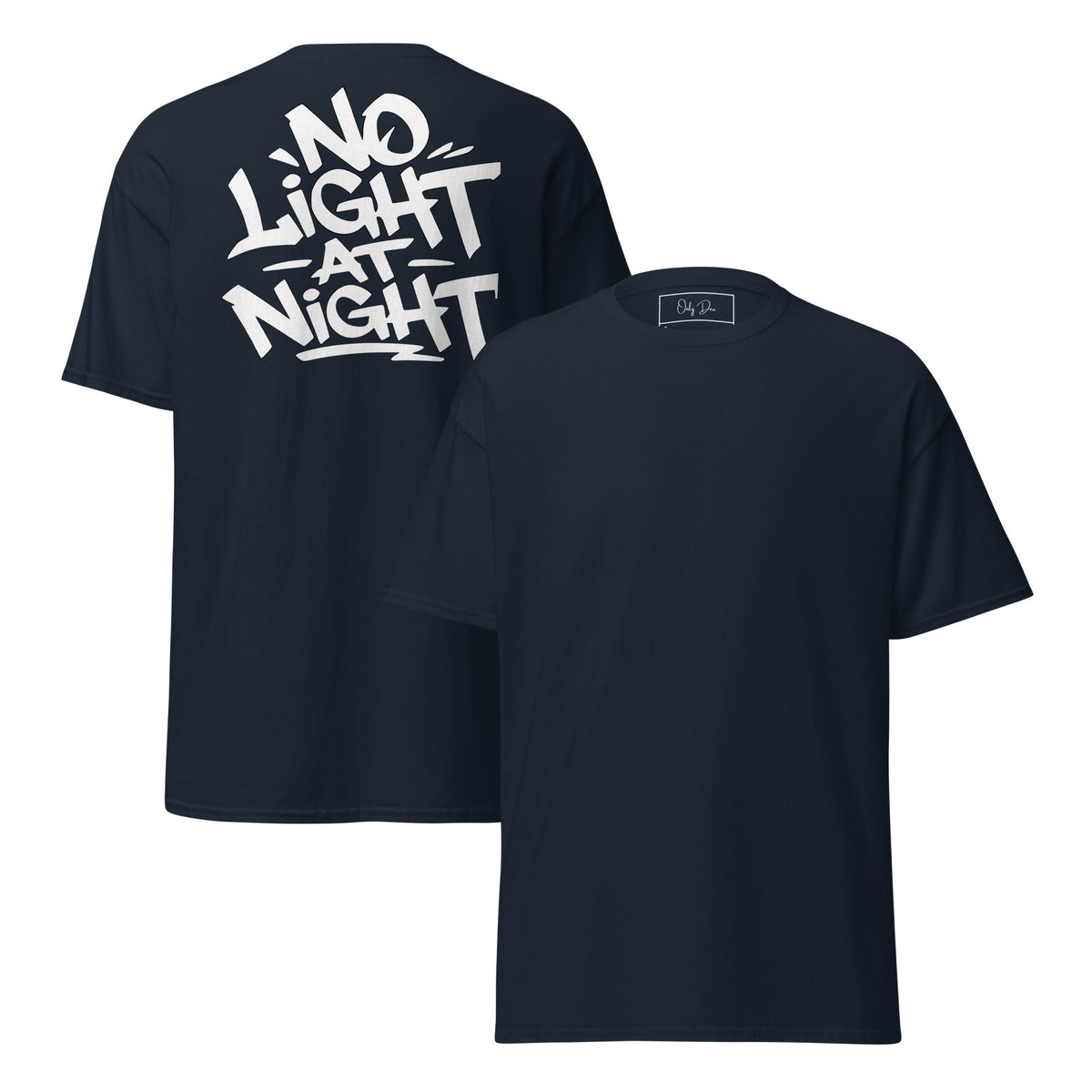 NO LIGHT AT NIGHT T-Shirt in Dunkelblau – Vorder- und Rückansicht