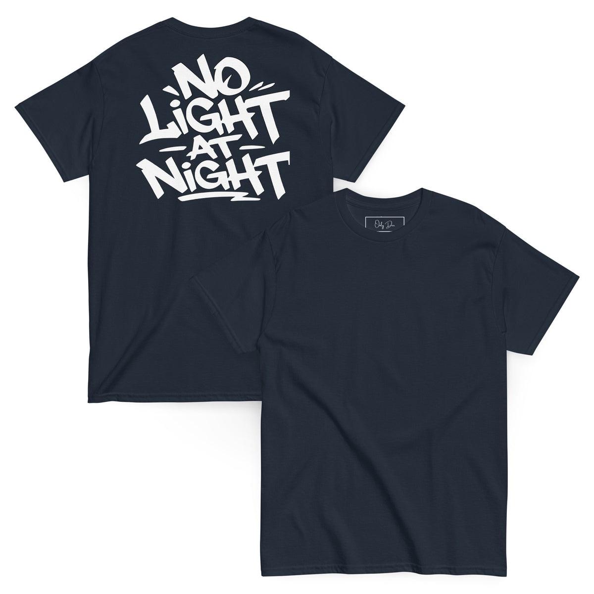 NO LIGHT AT NIGHT T-Shirt in Dunkelblau – Vorder- und Rückansicht