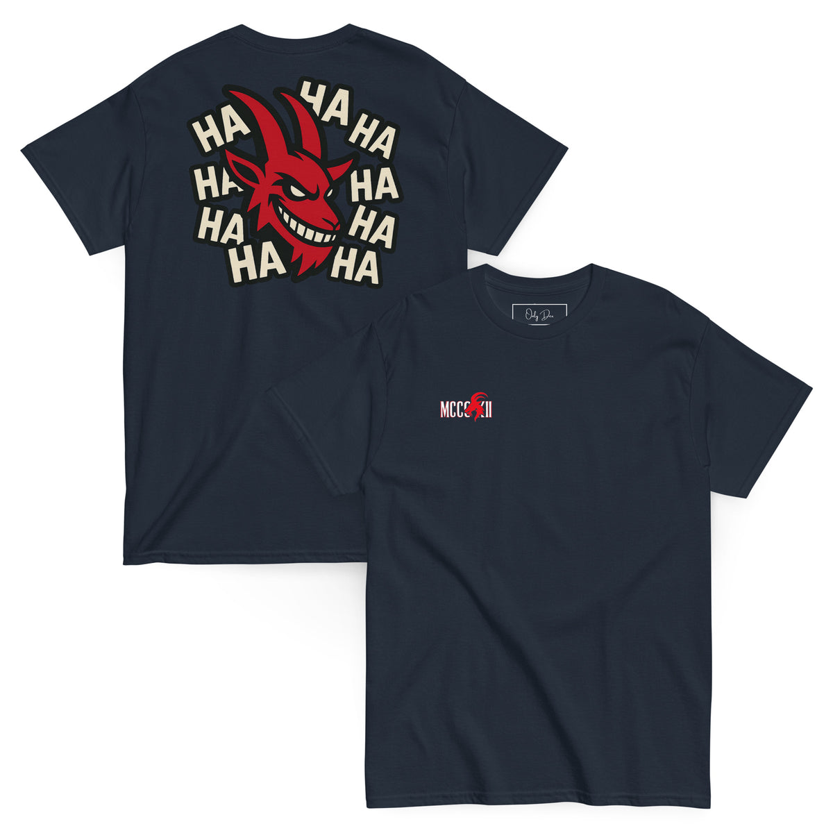 MCCCXII Laughing Goat T-Shirt in Dunkelblau – Vorder- und Rückansicht