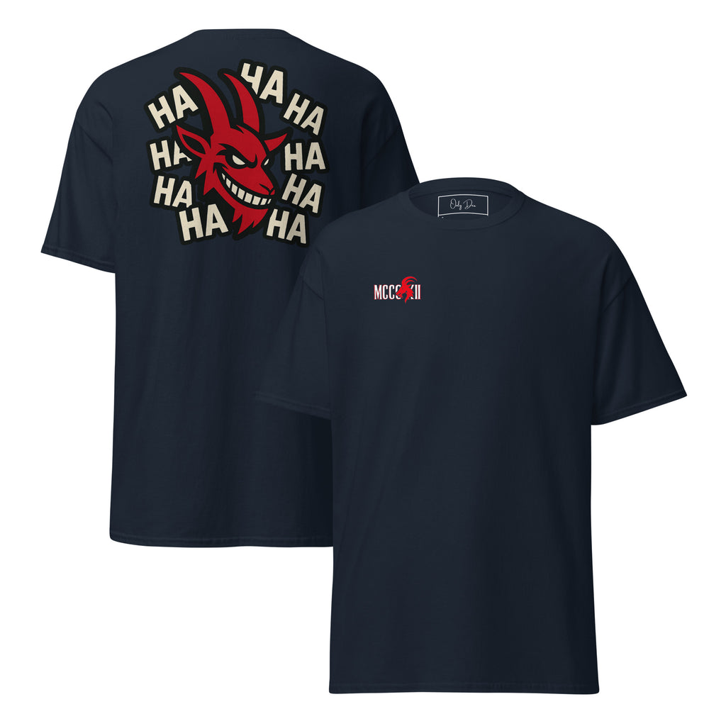 MCCCXII Laughing Goat T-Shirt in Dunkelblau – Vorder- und Rückansicht