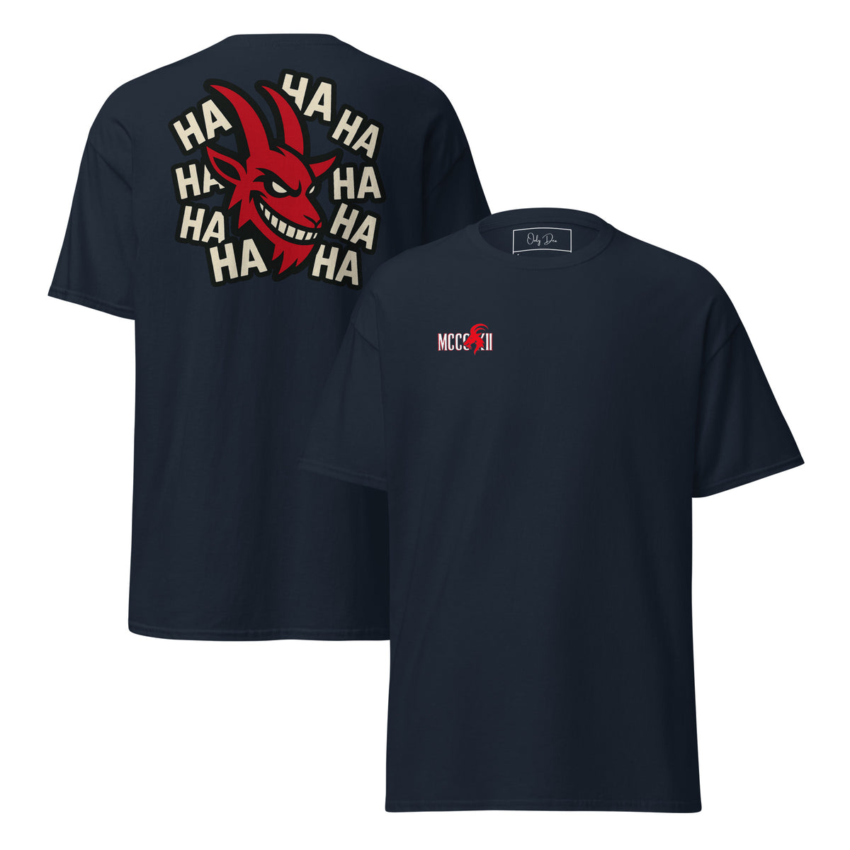 MCCCXII Laughing Goat T-Shirt in Dunkelblau – Vorder- und Rückansicht