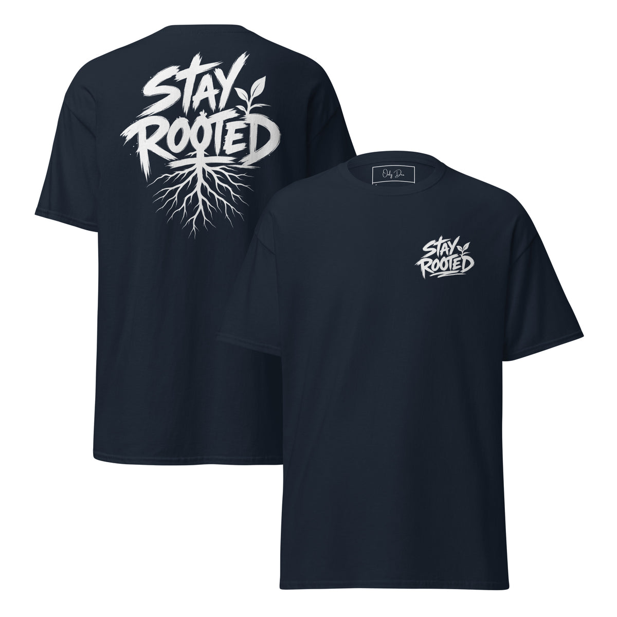 Stay Rooted T-Shirt in Dunkelblau – Vorder- und Rückansicht