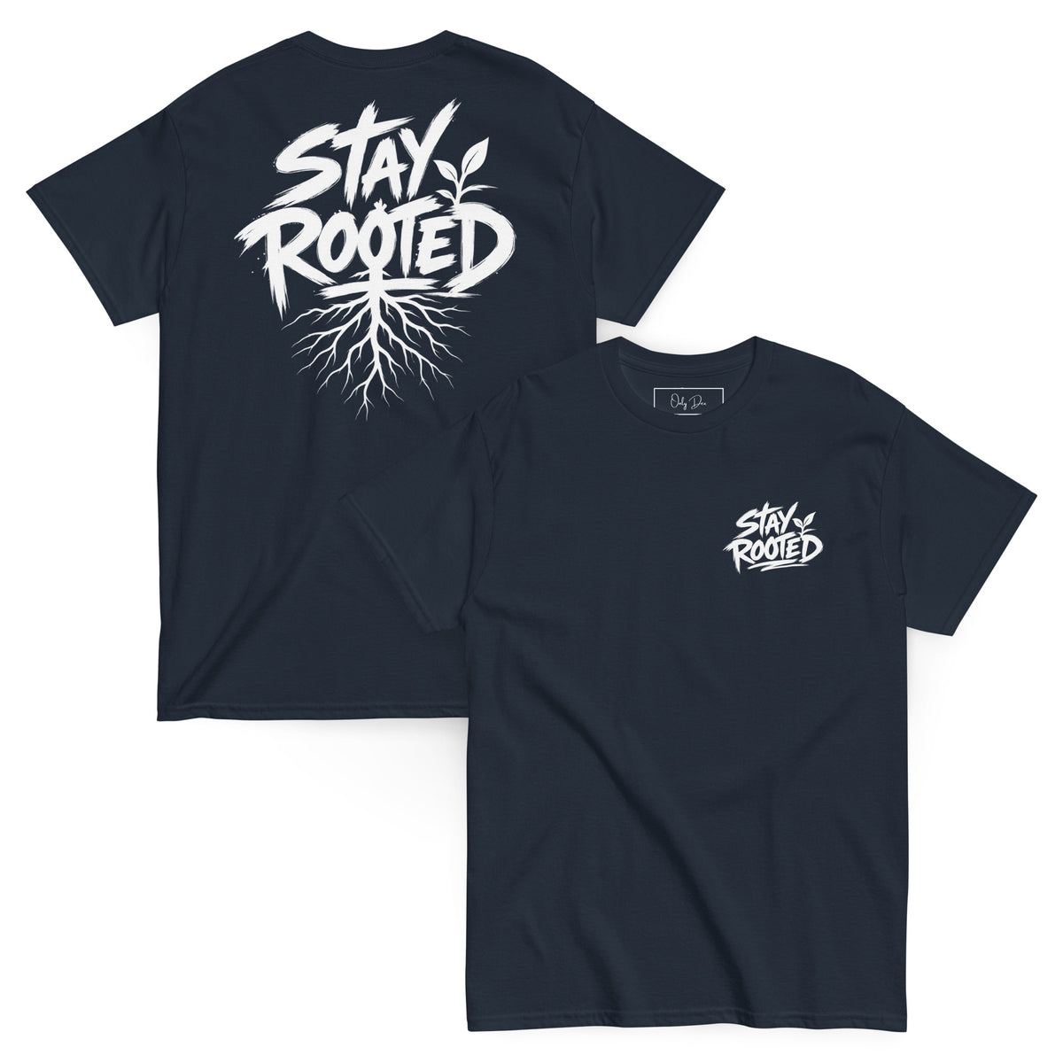 Stay Rooted T-Shirt in Dunkelblau – Vorder- und Rückansicht