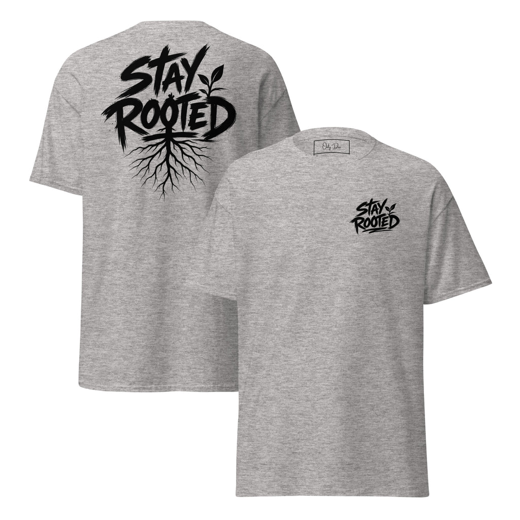 Stay Rooted T-Shirt in Sportgrau – Vorder- und Rückansicht
