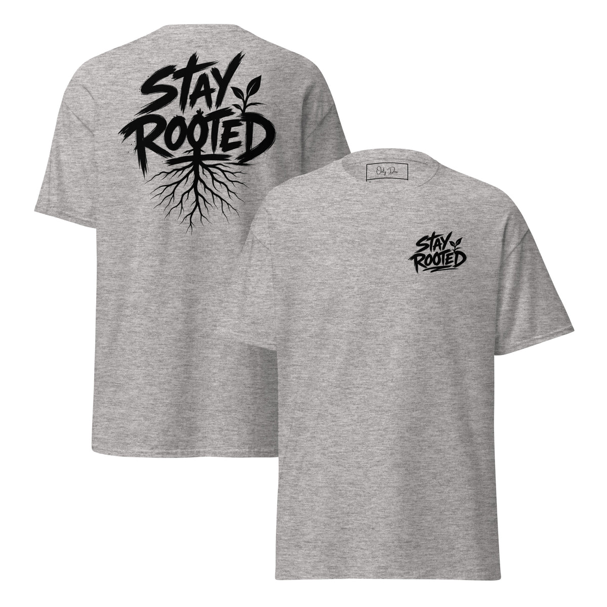 Stay Rooted T-Shirt in Sportgrau – Vorder- und Rückansicht