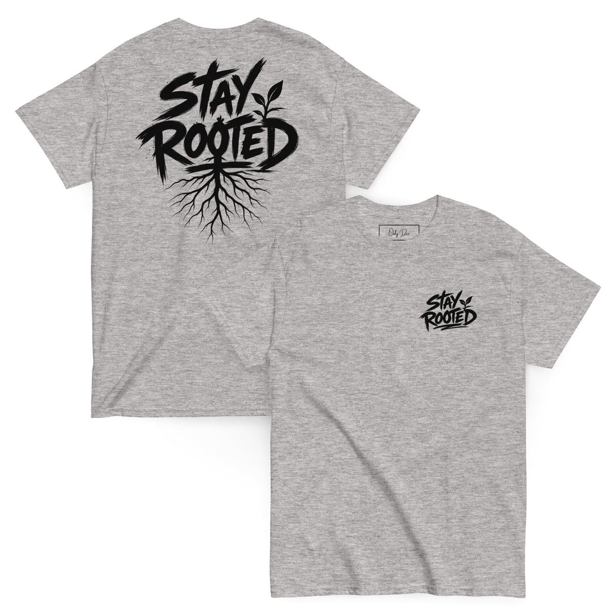 Stay Rooted T-Shirt in Sportgrau – Vorder- und Rückansicht