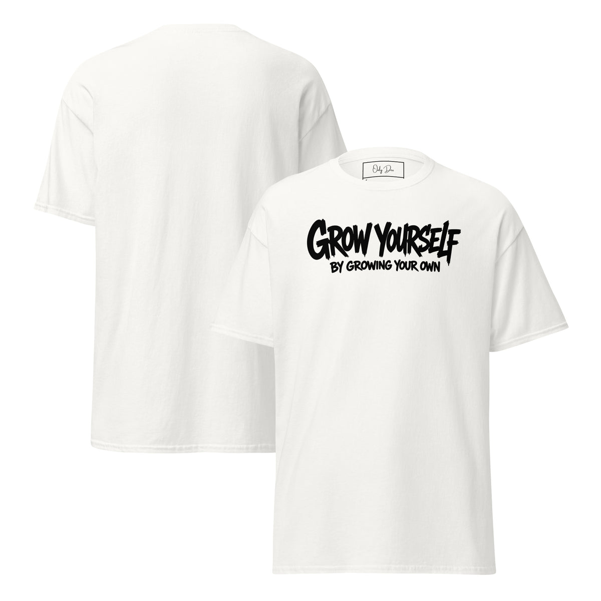 Grow Yourself T-Shirt in Weiß – Vorder- und Rückansicht