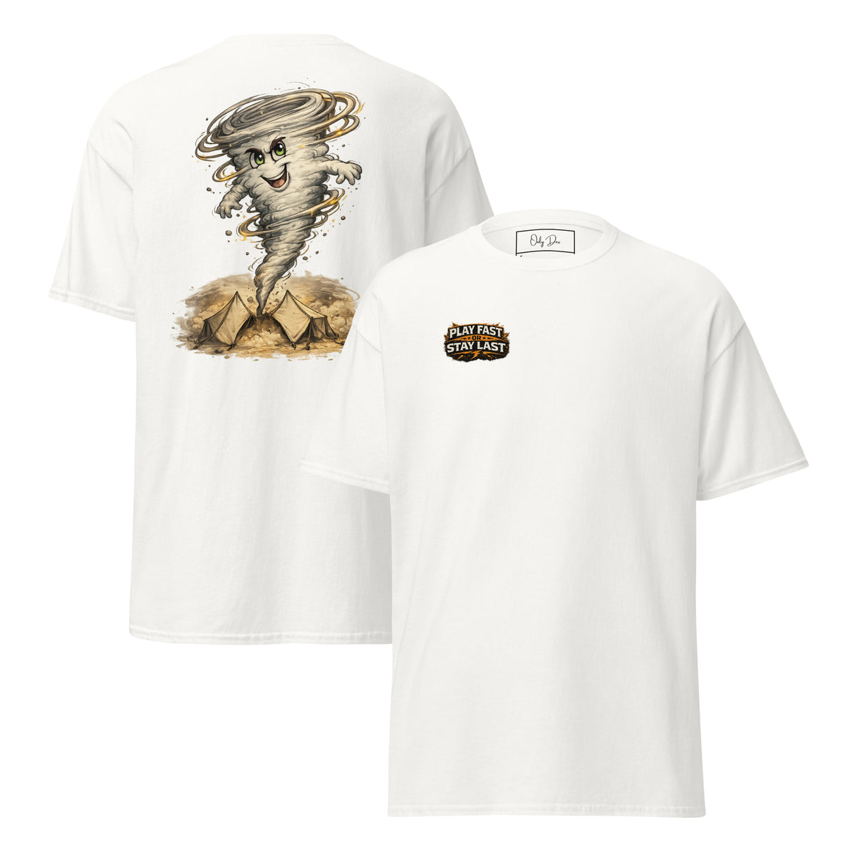 Play Fast or Stay Last Gaming T-Shirt in Weiß – Vorder- und Rückansicht