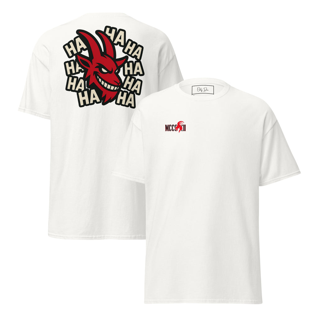 MCCCXII Laughing Goat T-Shirt in Weiß – Vorder- und Rückansicht