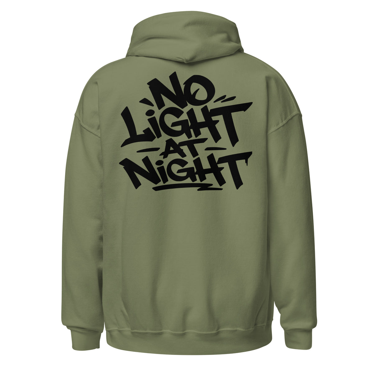 NO LIGHT AT NIGHT Hoodie in Olivgrün – Rückansicht