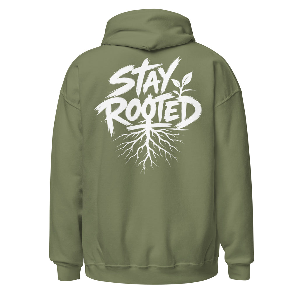 Stay Rooted Hoodie in Olivgrün – Rückansicht
