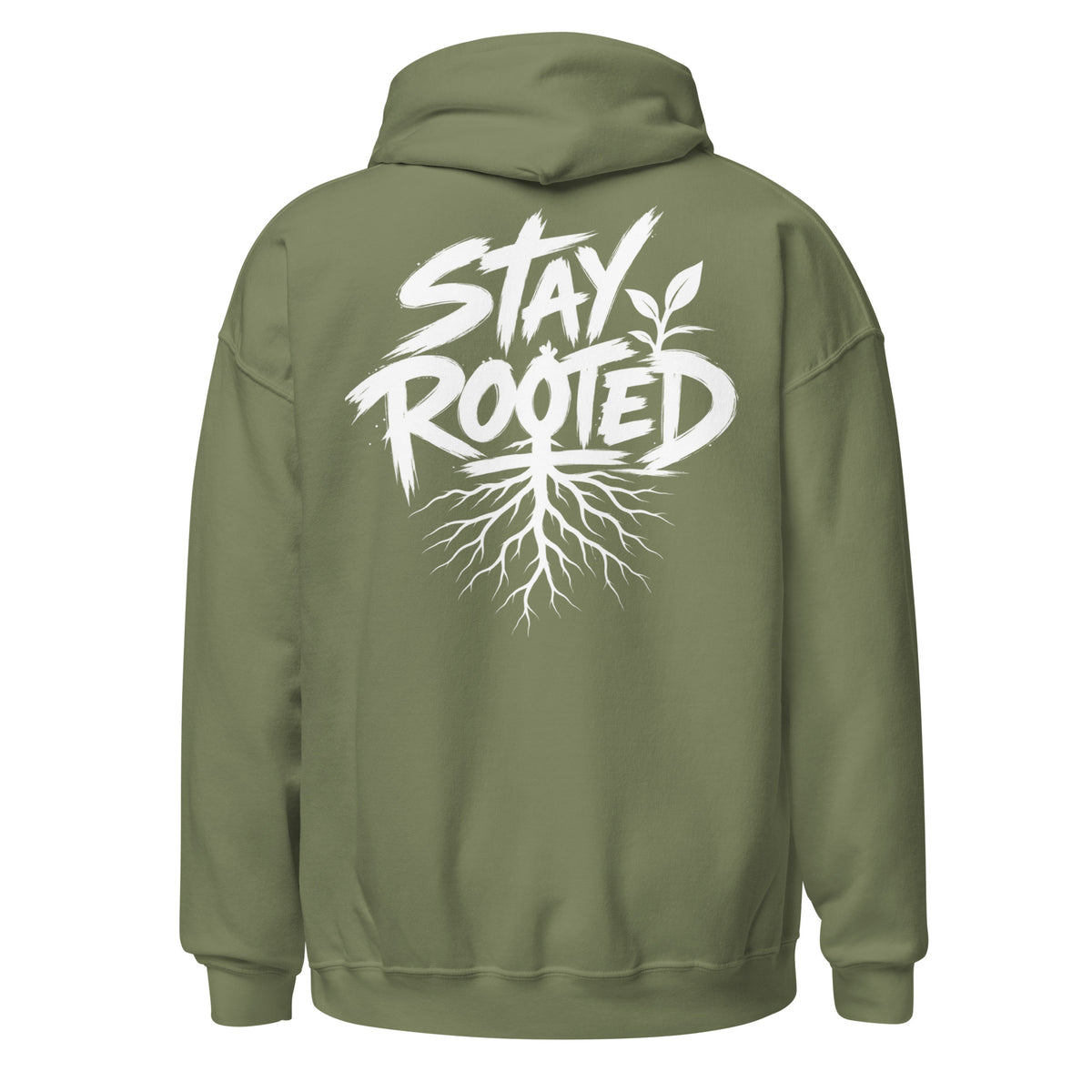 Stay Rooted Hoodie in Olivgrün – Rückansicht