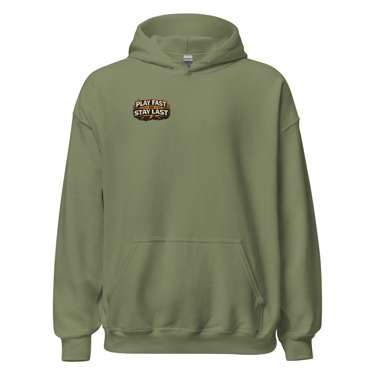 Play Fast or Stay Last Gaming Hoodie in Olivgrün – Vorderansicht