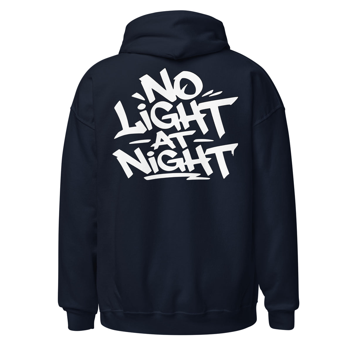 NO LIGHT AT NIGHT Hoodie in Dunkelblau – Rückansicht