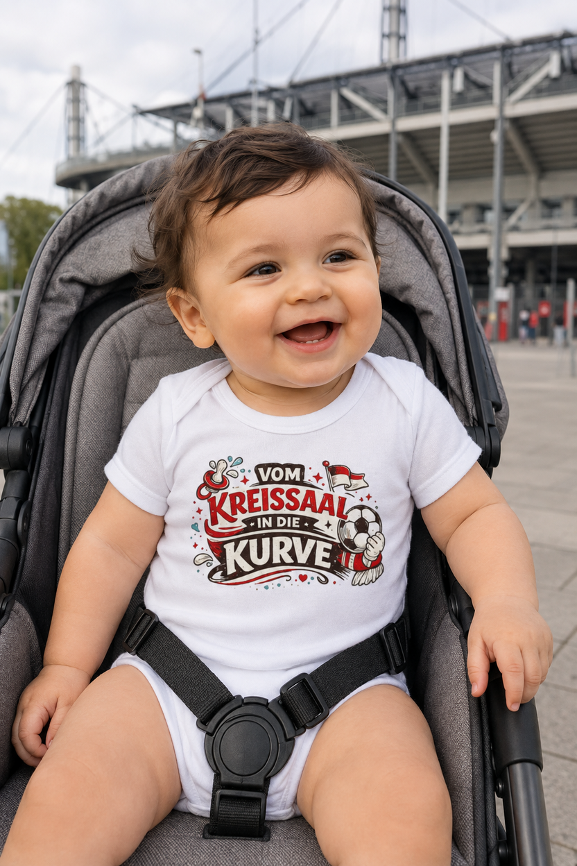 Baby im weißen „Vom Kreißsaal in die Kurve“-Babybody im Kinderwagen vor einem Kölner Fußballstadion